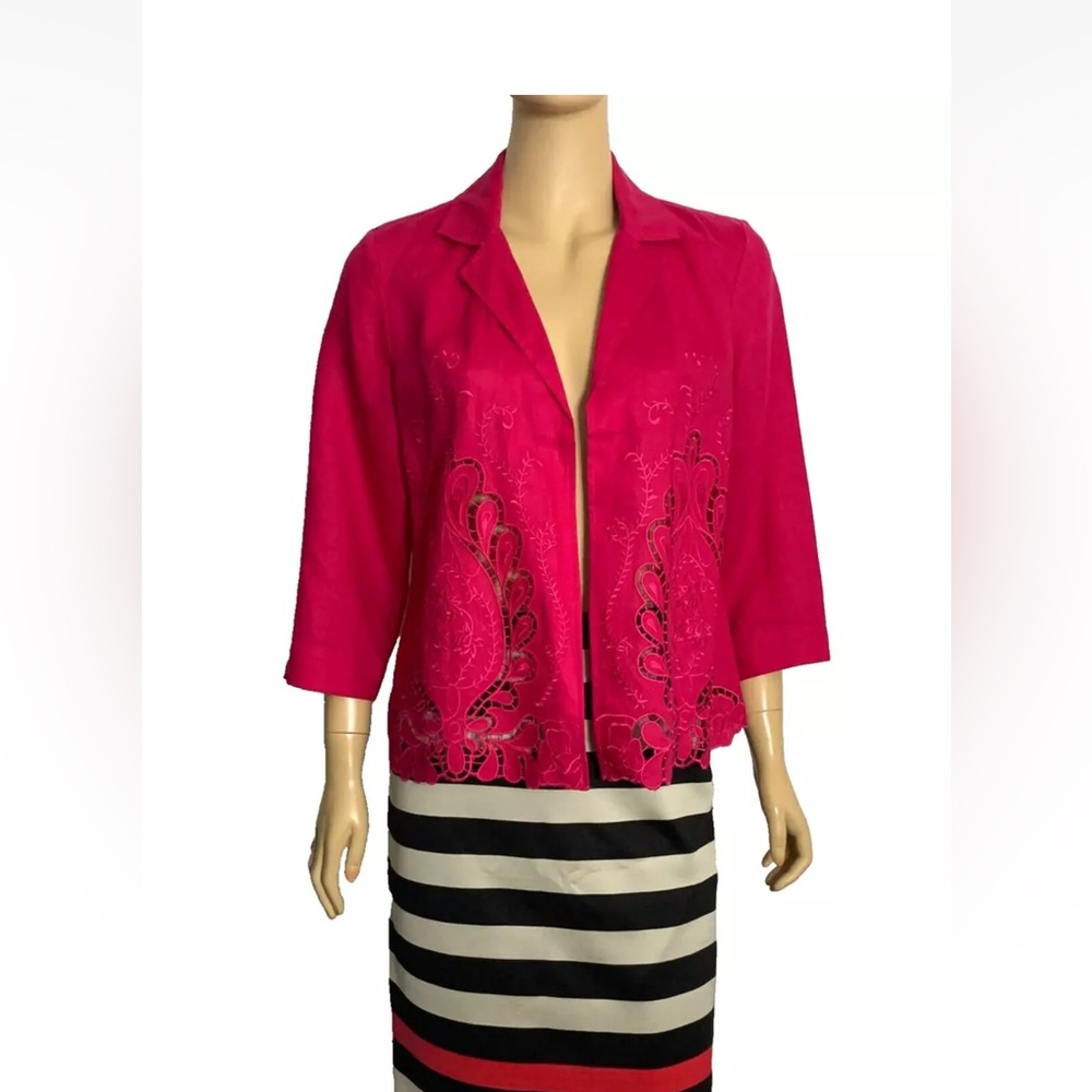 NWT Chico's 1 Novelty Cutwork Linen Jacket Embroidered Raspberry - Picture 2 of 8